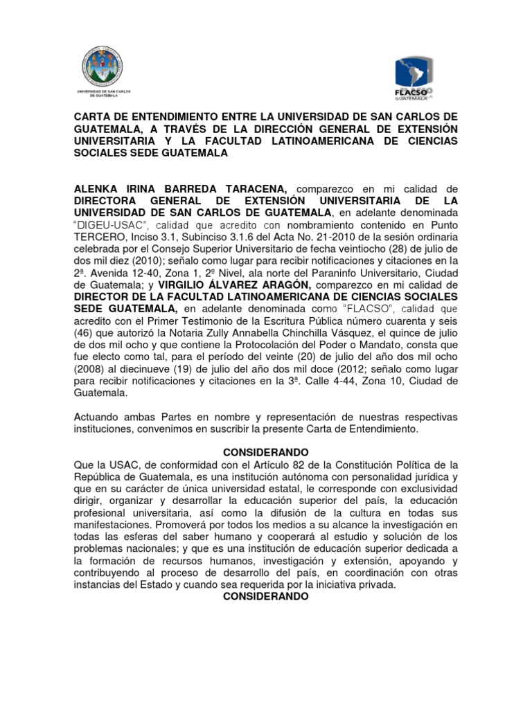 Carta De Entendimiento Entre La Usac A Traves De La Direccion General