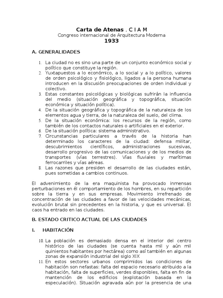 Carta de Atenas resumen  Calle  Urbanismo