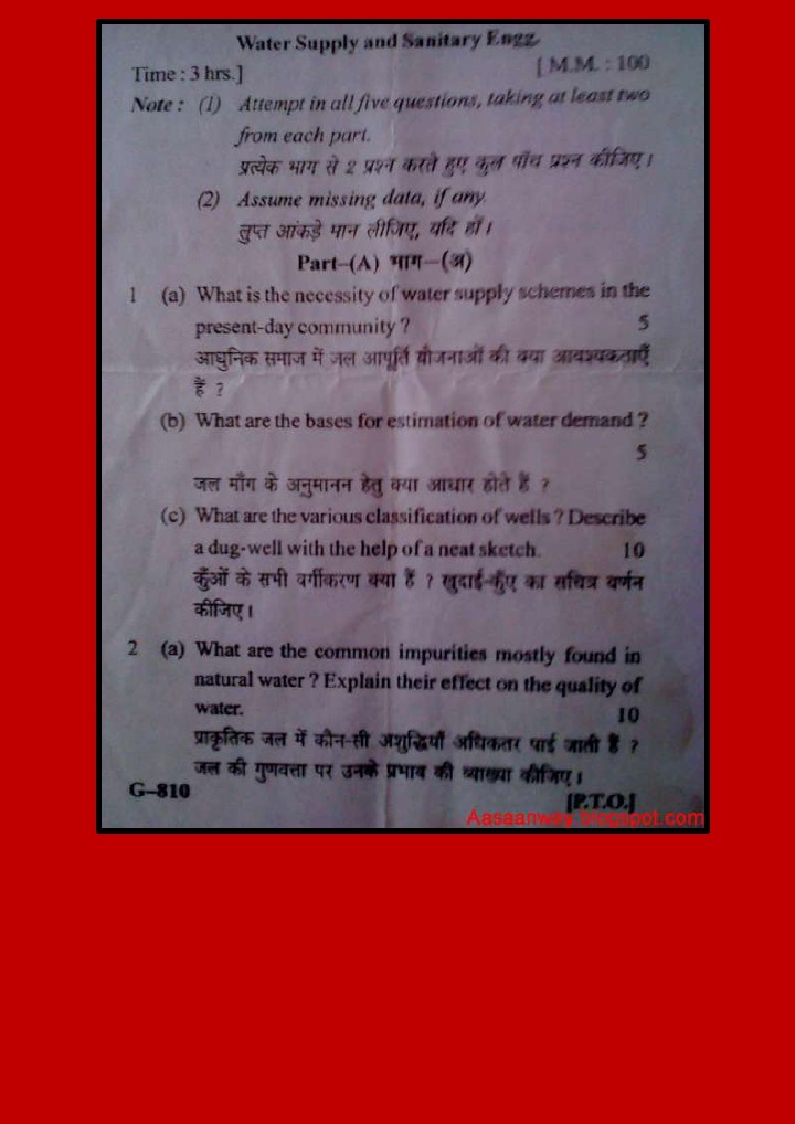 Water Supply and Sanitary Engg. Question Paper (Civil Engineering Diploma Delhi Polytechnic) PDF