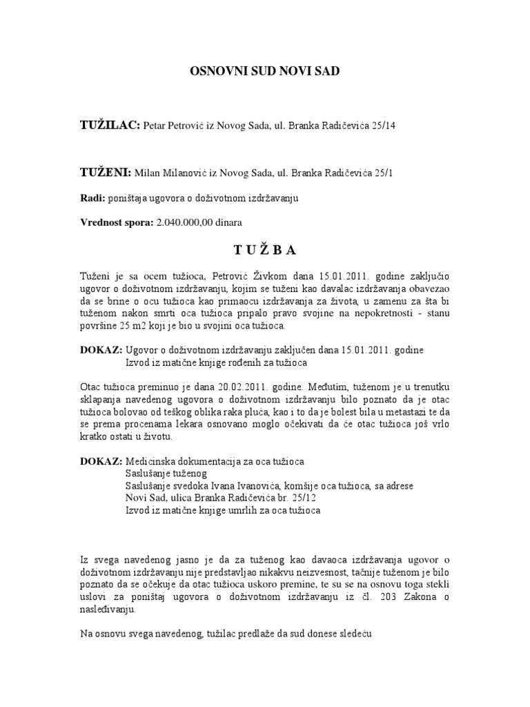 Primer Tužbe Za Poništaj Ugovora o Doživotnom Izdržavanju | PDF