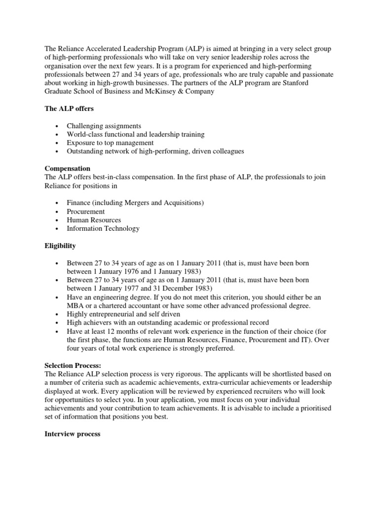 Reliance Accelerated Leadership Program | PDF | Master Of Business ...