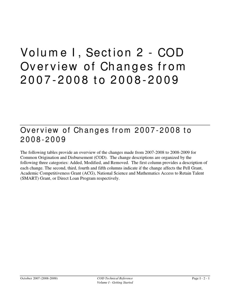 COD Changes 2007-2009 Overview | PDF | Pell Grant | Percentage