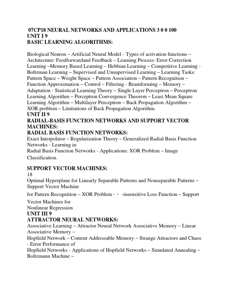 07cp18 Neural Networks and Applications 3 0 0 100 | PDF | Artificial ...