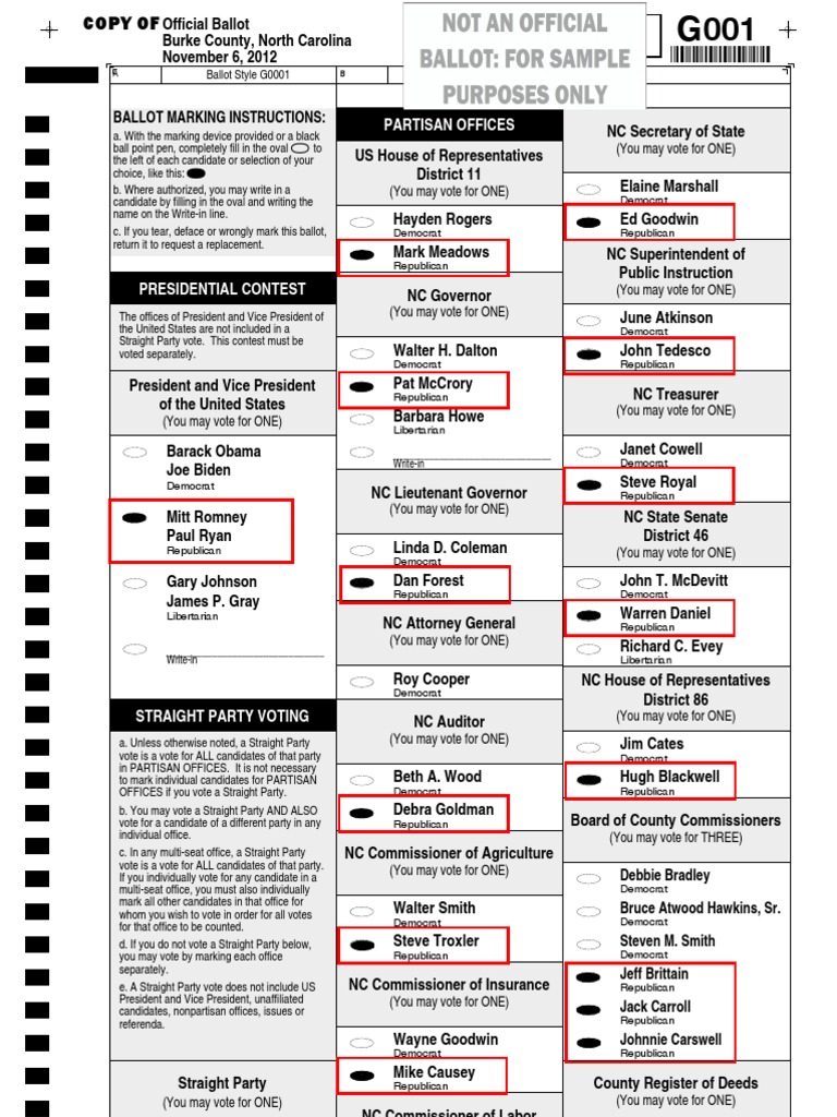 Sample Burke County NC Ballot For those in NC House of Representatives ...