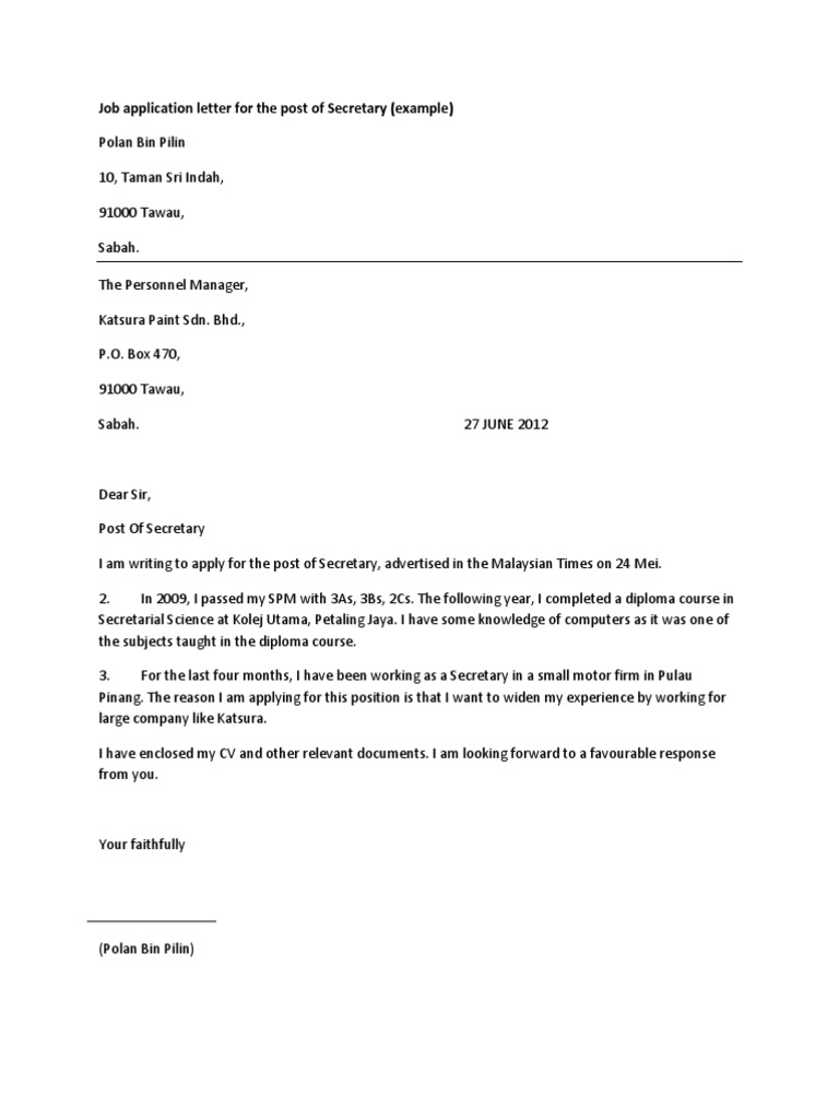 Job Application Letter for the Post of Secretary
