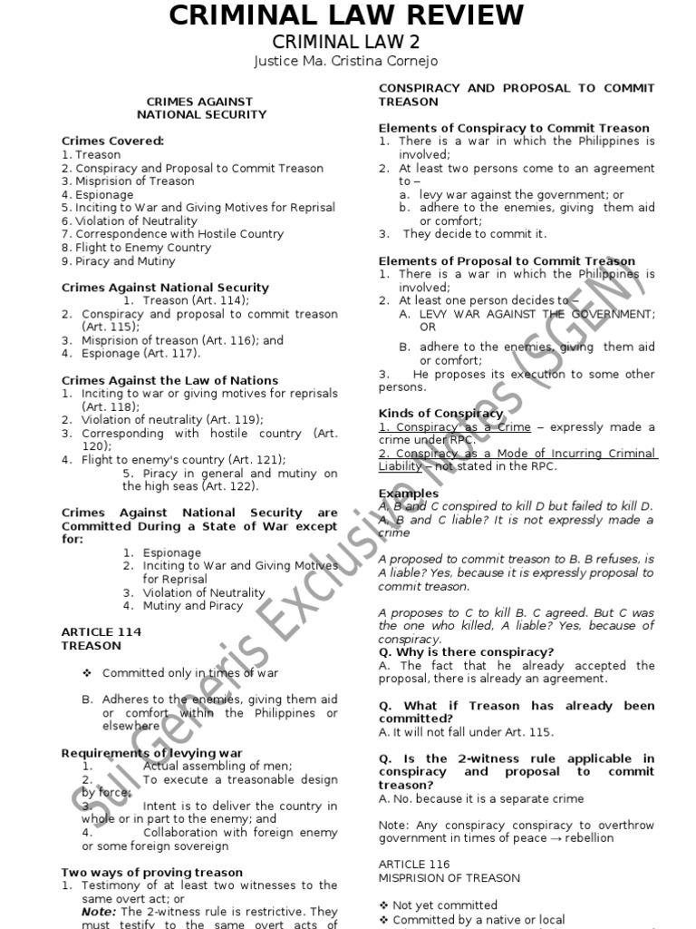 Cornejo Notes Criminal Law 2 | PDF | Treason | Crime & Violence