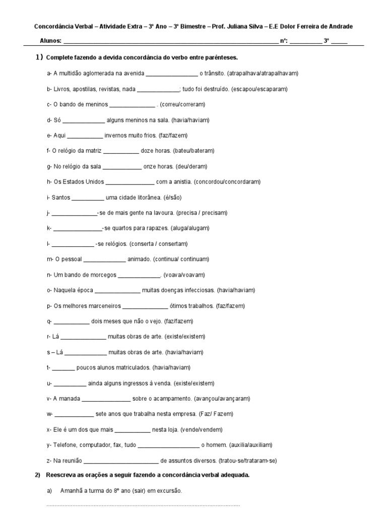 Exercícios De Concordância Verbal 8o Ano Com Gabarito