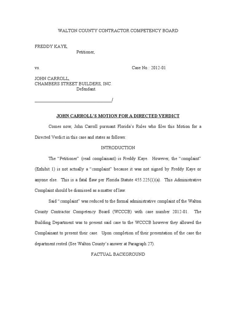 Motion for Directed Verdict Complaint Evidence