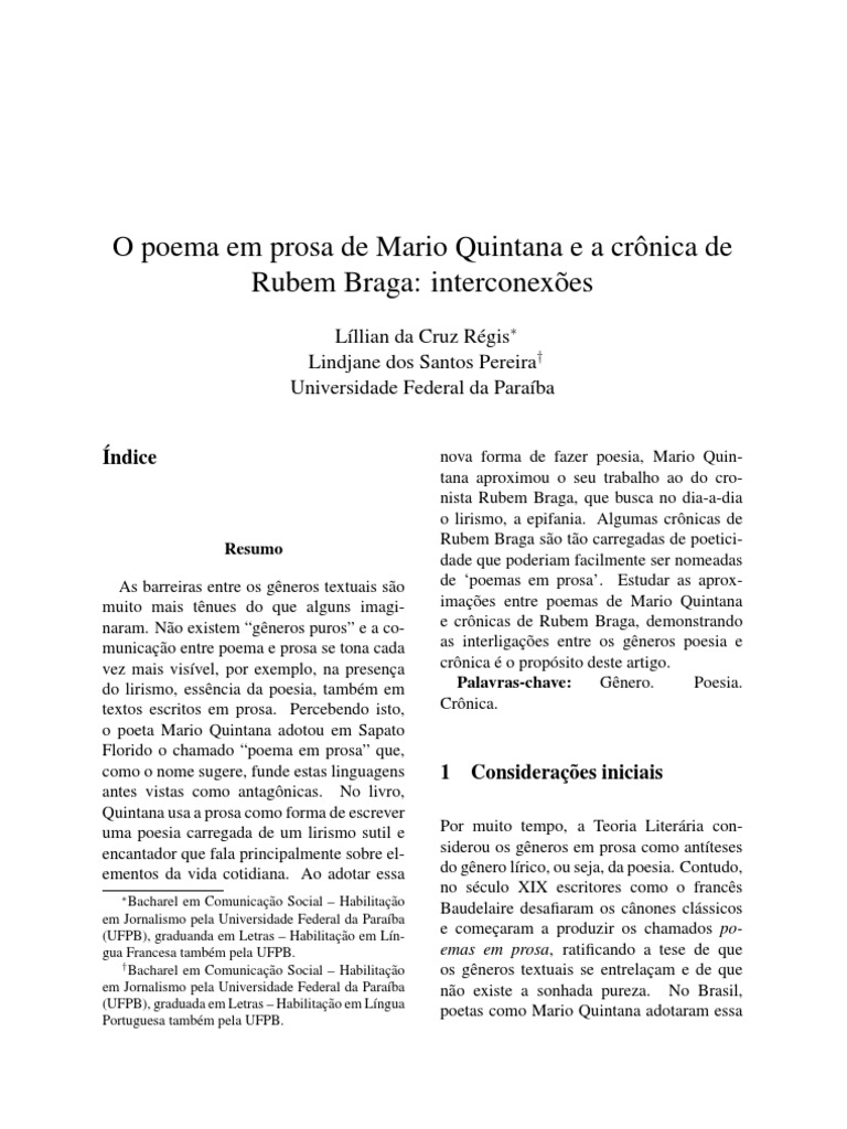 O Poema Em Prosa De Mario Quintana E A Cronica De Rubem Braga Interconexoes Poesia Poesia