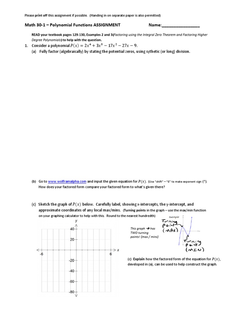 Polynomial Functions Assignment Guide | PDF | Polynomial | Zero Of A ...