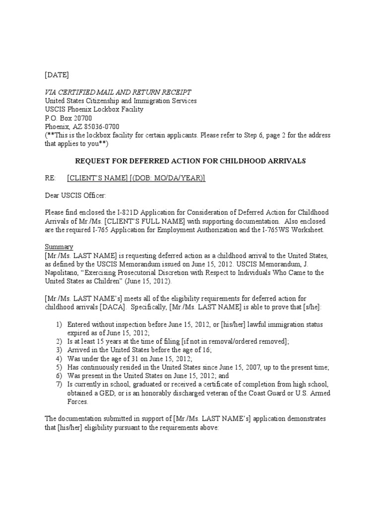 DACA Cover Letter Template  PDF  Deferred Action For Childhood
