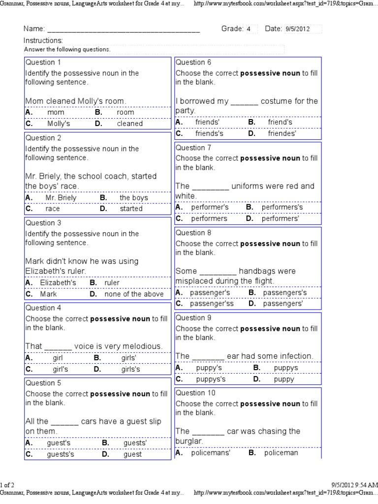 Possession Grammar Worksheets