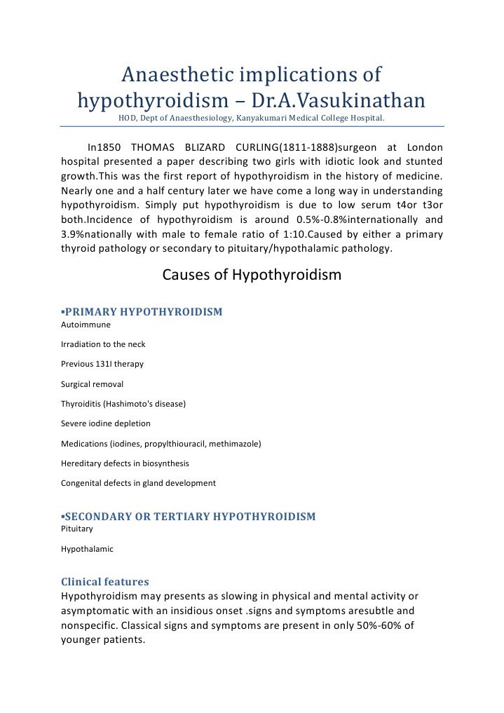 Anaesthetic implications of hypothyroidism Hypothyroidism Anesthesia
