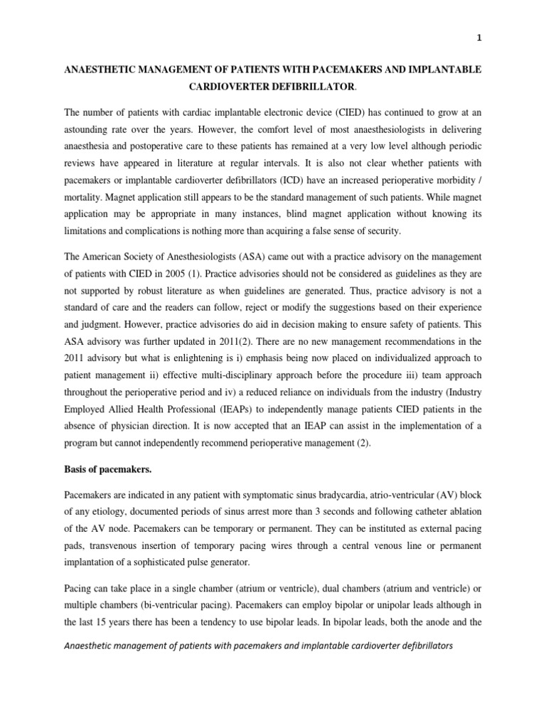 Anaesthetic Management of Patients With Pacemakers and Implantable ...