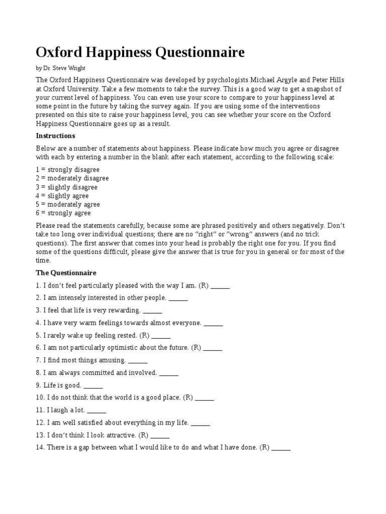 Oxford Questionaire On Happiness PDF Happiness Questionnaire