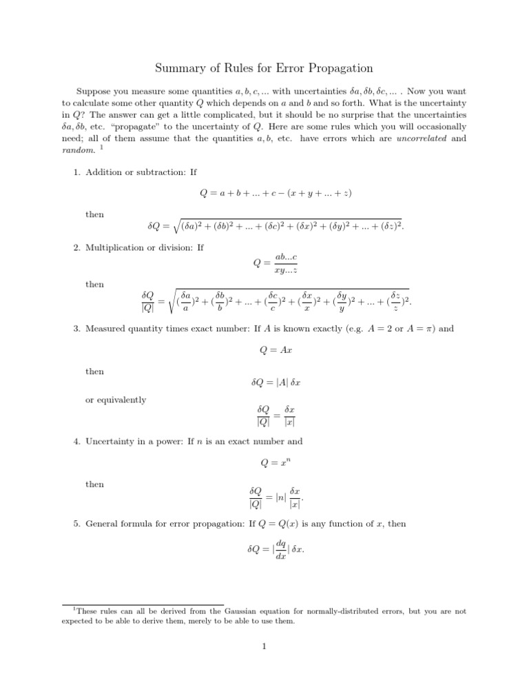 Summary Of Rules For Error Propagation PDF