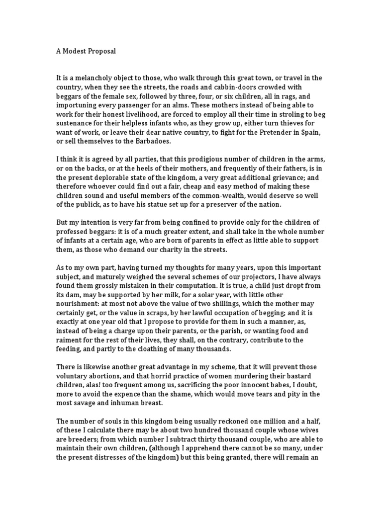 Swift's Satirical Proposal for Poverty | PDF | Cooking, Food & Wine ...