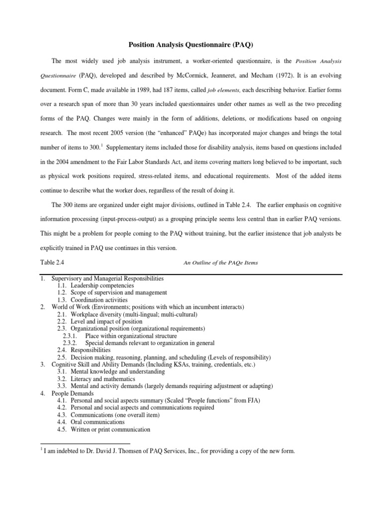 Position Analysis Questionnaire Overview | PDF