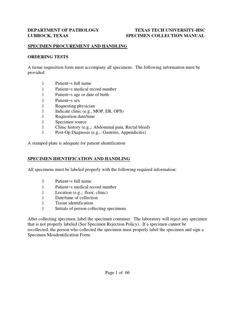 Guidelines for Proper Specimen Collection, Identification, Delivery and