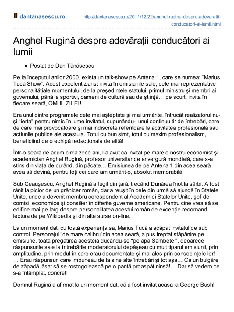 Anghel Rugina Despre Adevratii Conducatori Ai Lumii | PDF