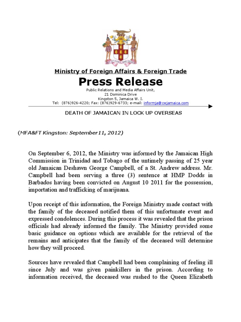 Mfaft Press Release Death Of Jamaican In Lock Up Pdf Human Rights Misconduct