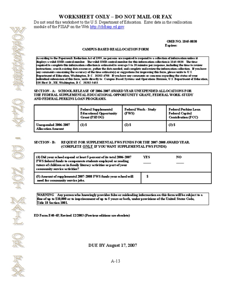 Campus-Based Reallocation Form 2007 | PDF