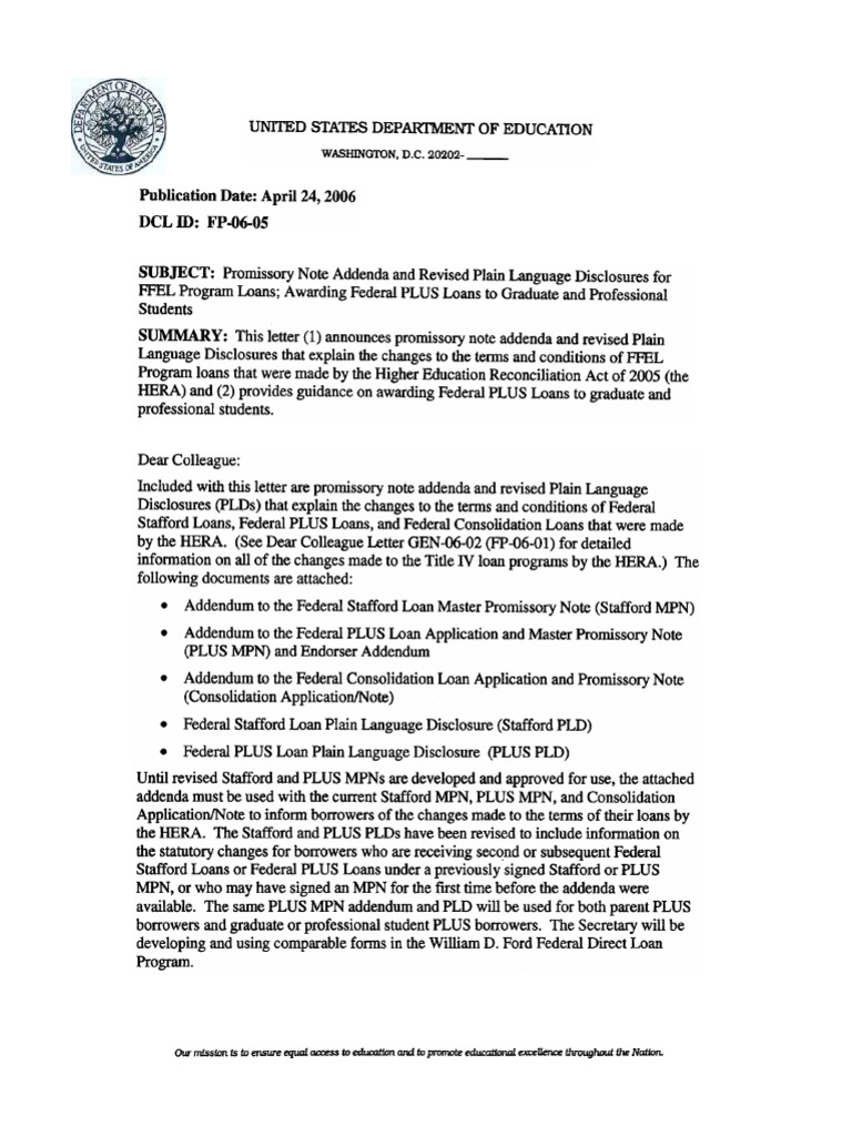 FFEL Loan Addenda and PLUS Guidance | PDF | Addendum | Loans