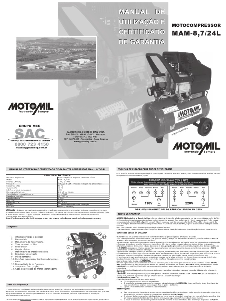 Manual do Compressor Motomil 24L | PDF