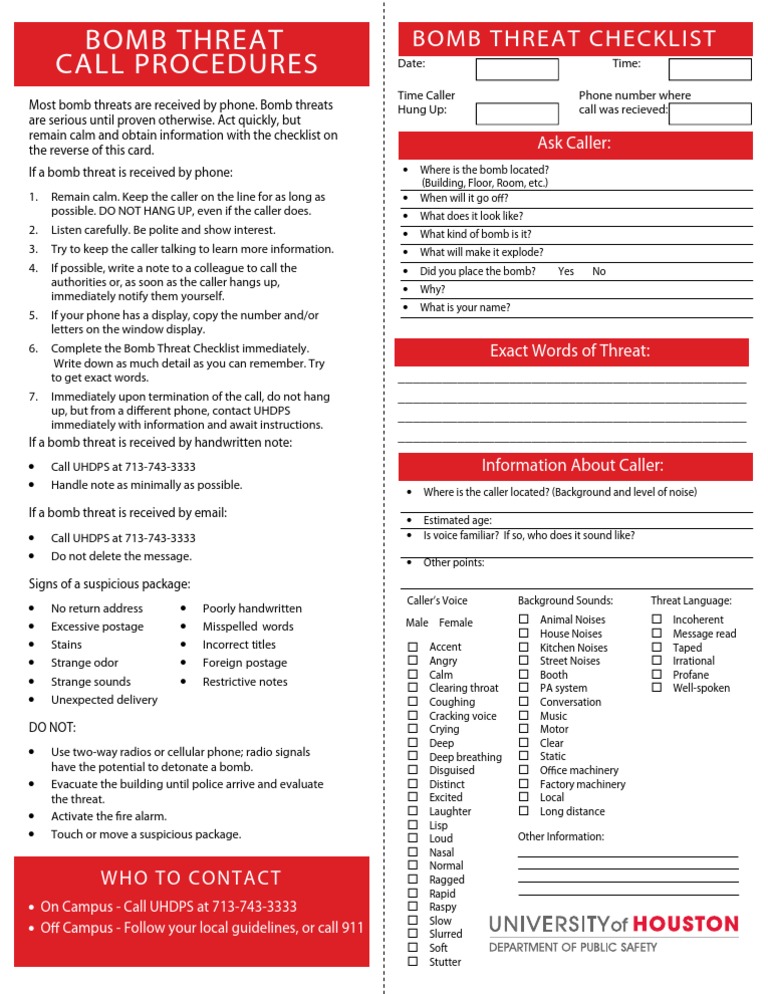 Bomb Threat Checklist PDF Communication