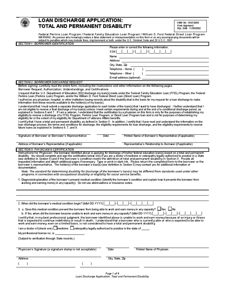 Loan Discharge for Total Disability Application | PDF