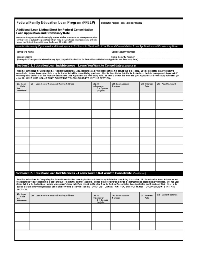 FFELP Consolidation Loan Additional Sheet | PDF | Student Loan | Loans