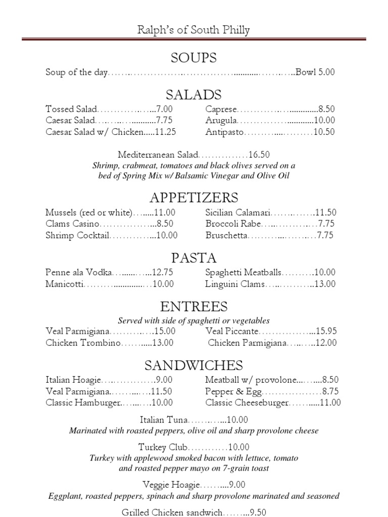 Ralph's of South Philly Lunch Menu | PDF