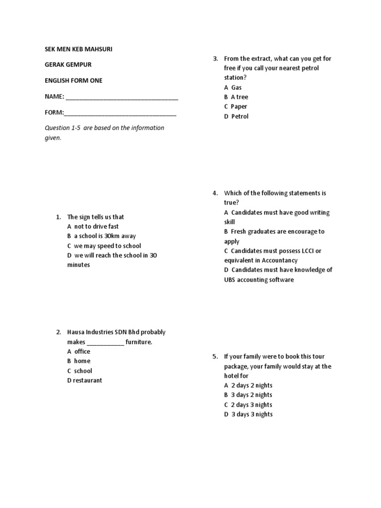 English Form One Practice Questions | PDF