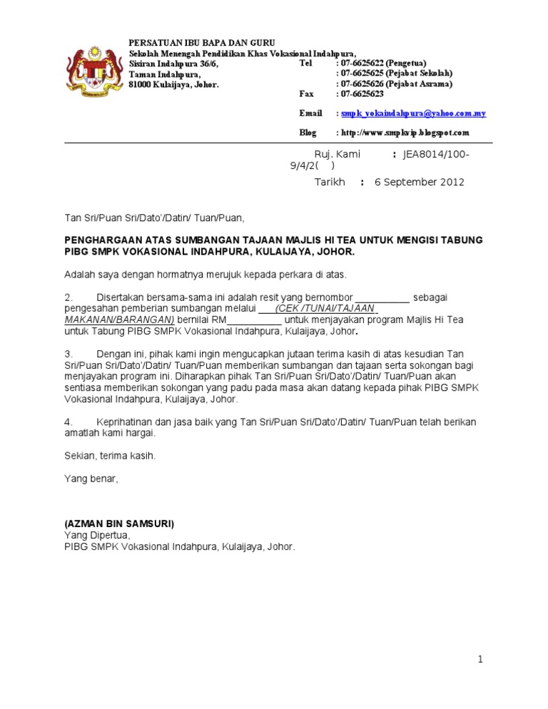 Contoh Surat Penghargaan Dan Terima Kasih In English
