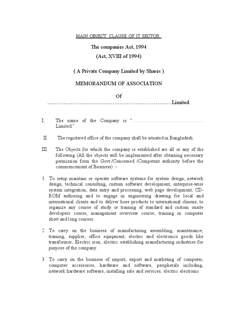 Memorandum of Association Bangladesh Format