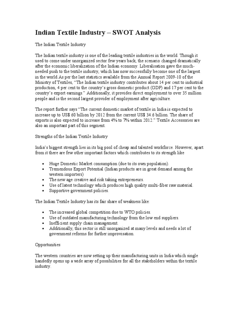 SWOT Analysis of Indian Textile Industry | PDF | Spinning (Textiles ...