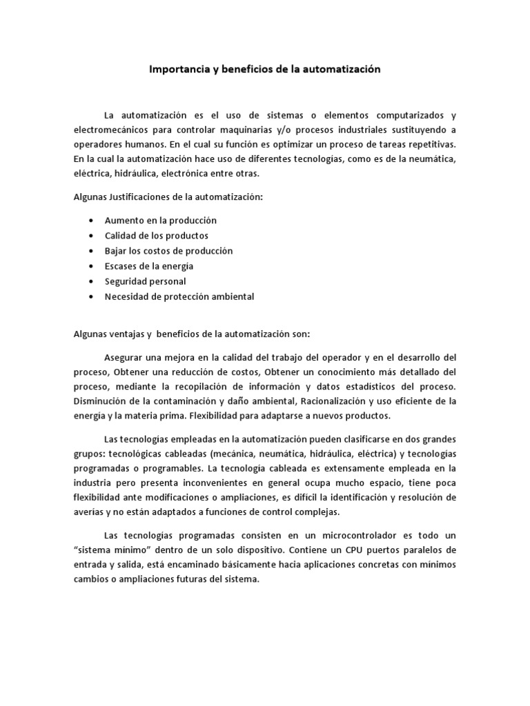 Importancia y Beneficios de La Automatización | PDF | Automatización ...