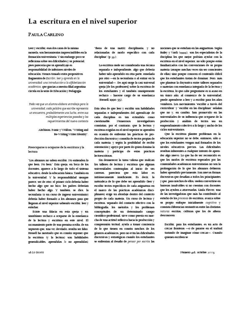 Escritura en la educación superior: Carlino | PDF | Lectura (proceso ...