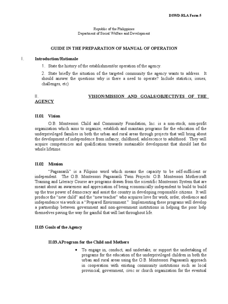 DswdRla Form 5 (Mop) PDF Employment Montessori Education