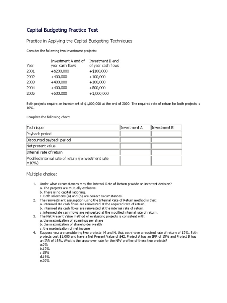 Capital Budgeting Techniques Practice Test | PDF | Internal Rate Of ...