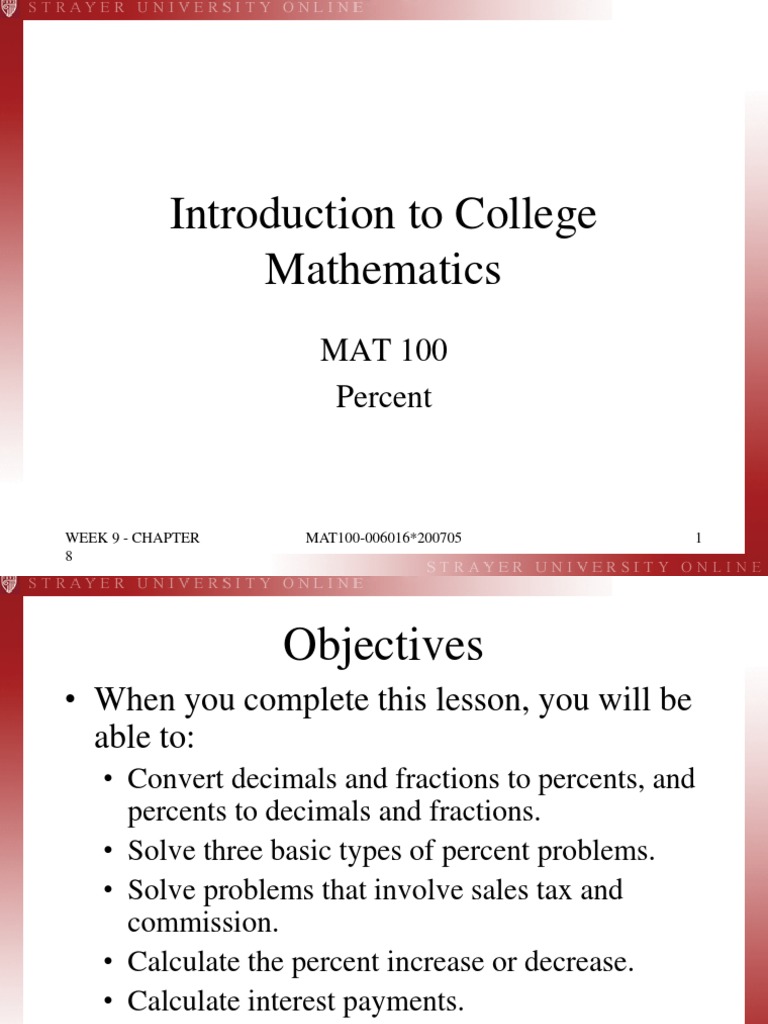 Introduction To College Mathematics MAT 100 Percent PDF Percentage