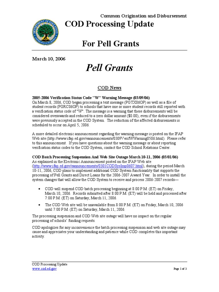 COD Processing Update for Pell Grants | PDF | Career & Growth