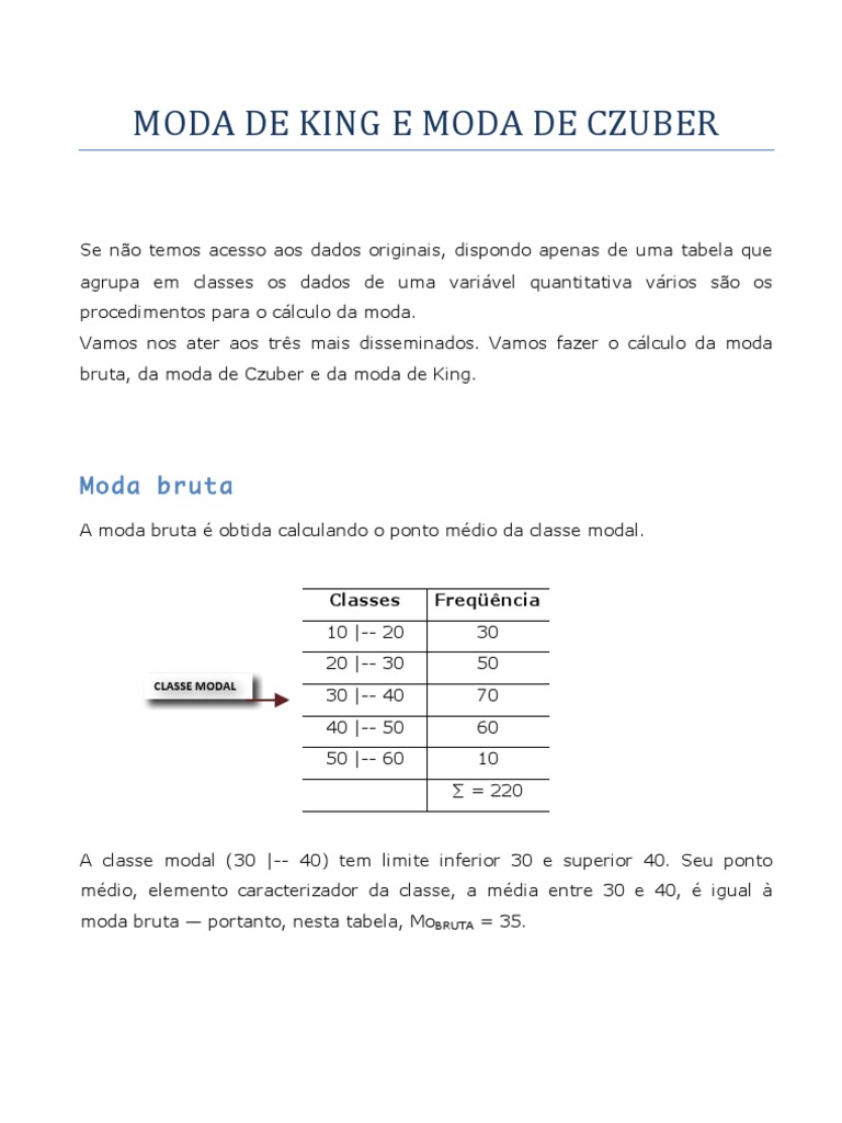 Moda Bruta, Moda de King e Moda de Czuber, PDF, Modo (Estatística)