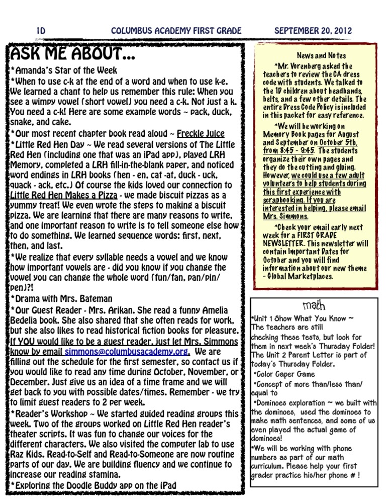 First Grade News: September Highlights | PDF