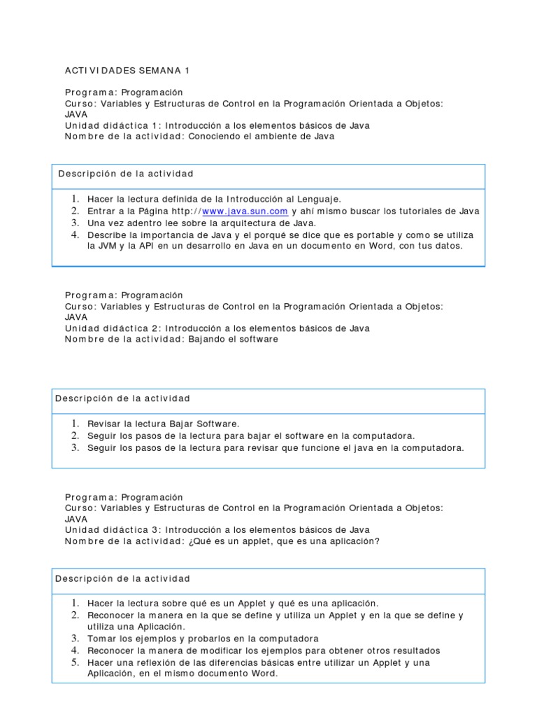 Actividades Semana 1 | PDF | Java (lenguaje de programación) | Programa ...