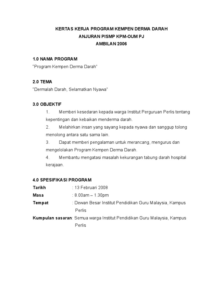 Kertas Kerja Program Kempen Derma Darah