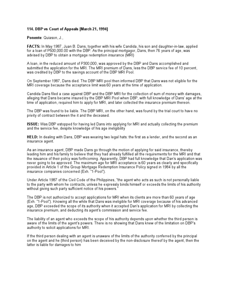 DBP v CA case digest Law Of Agency Insurance