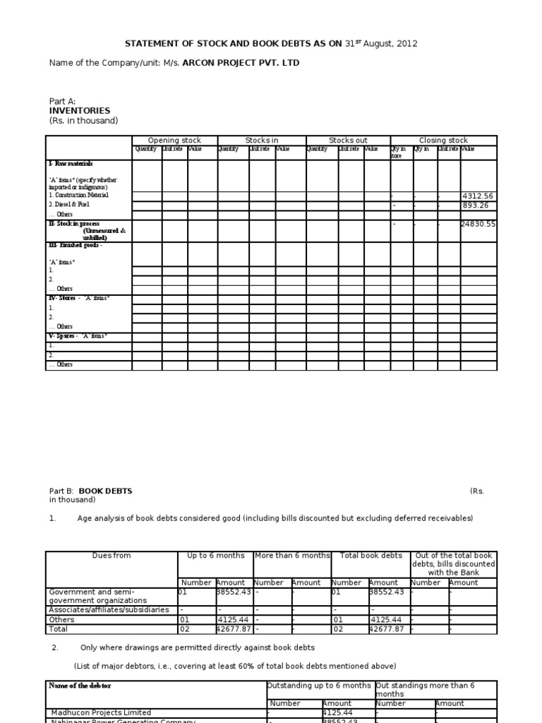 Stock Statement Format 1 Stocks Valuation Finance