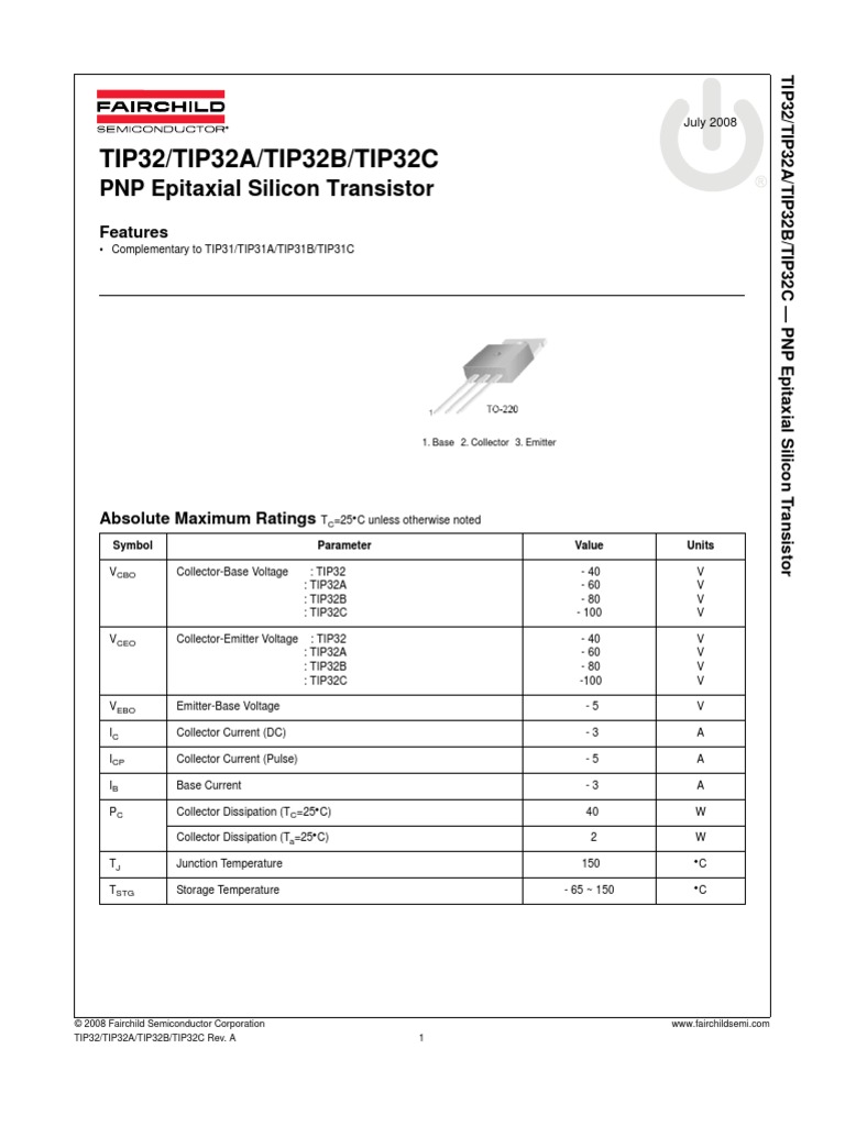 TIP32/TIP32A/TIP32B/TIP32C: PNP Epitaxial Silicon Transistor | PDF