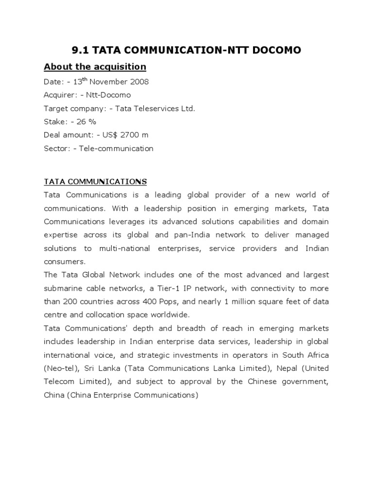 Ntt Docomo Tata M A Case Study Pdf Telecommunications Internet